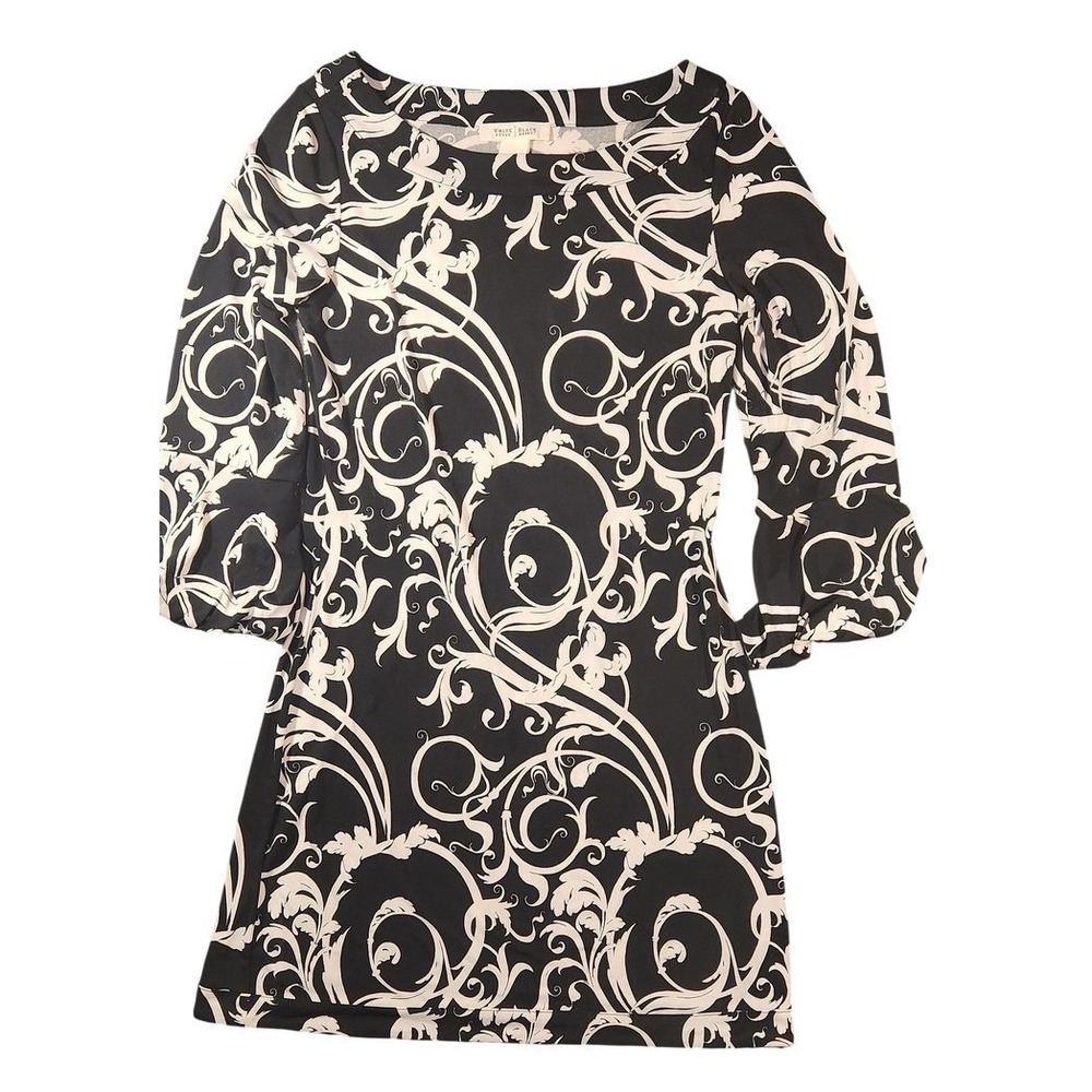 White House Black Market Dress Womens XS Black Scroll Floral 3/4 Sleeve A Line